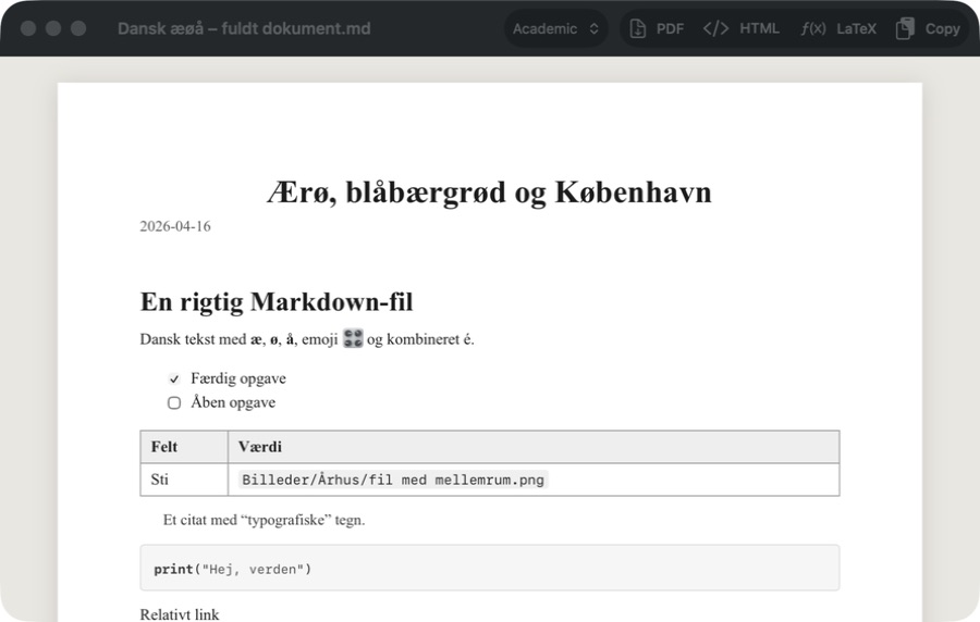PX7 Markdown Typeset previewing a local Markdown document with the Academic theme