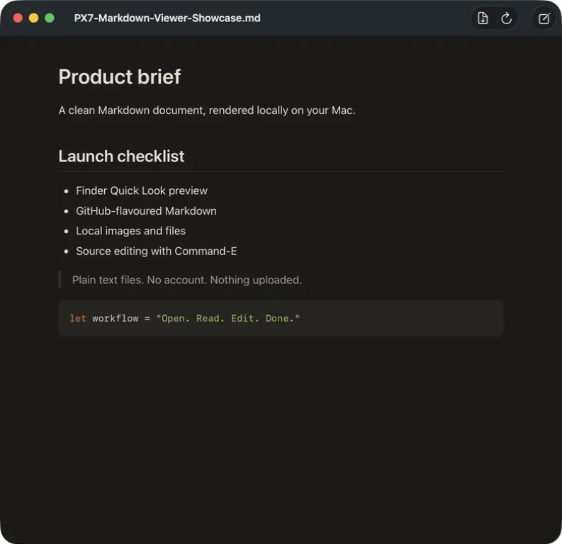 PX7 Markdown Viewer rendering a local Markdown file