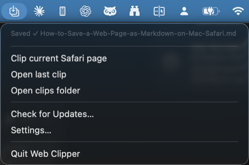 PX7 Markdown Web Clipper menu showing a saved Markdown article and Open last clip