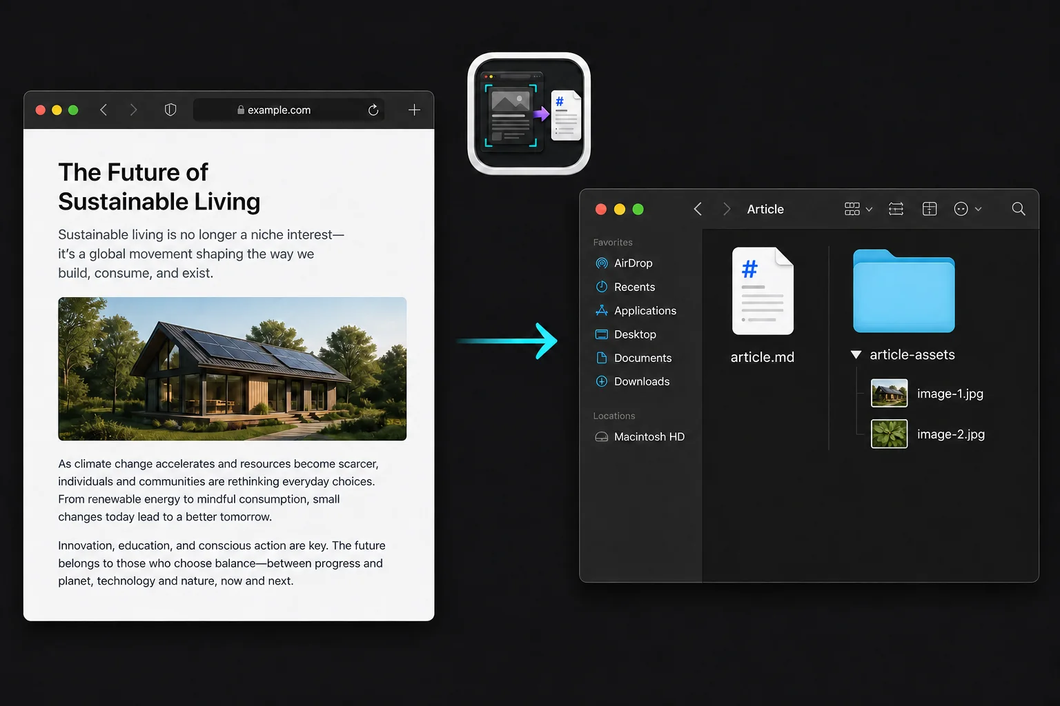 A Safari article saved as article.md with a local article-assets image folder
